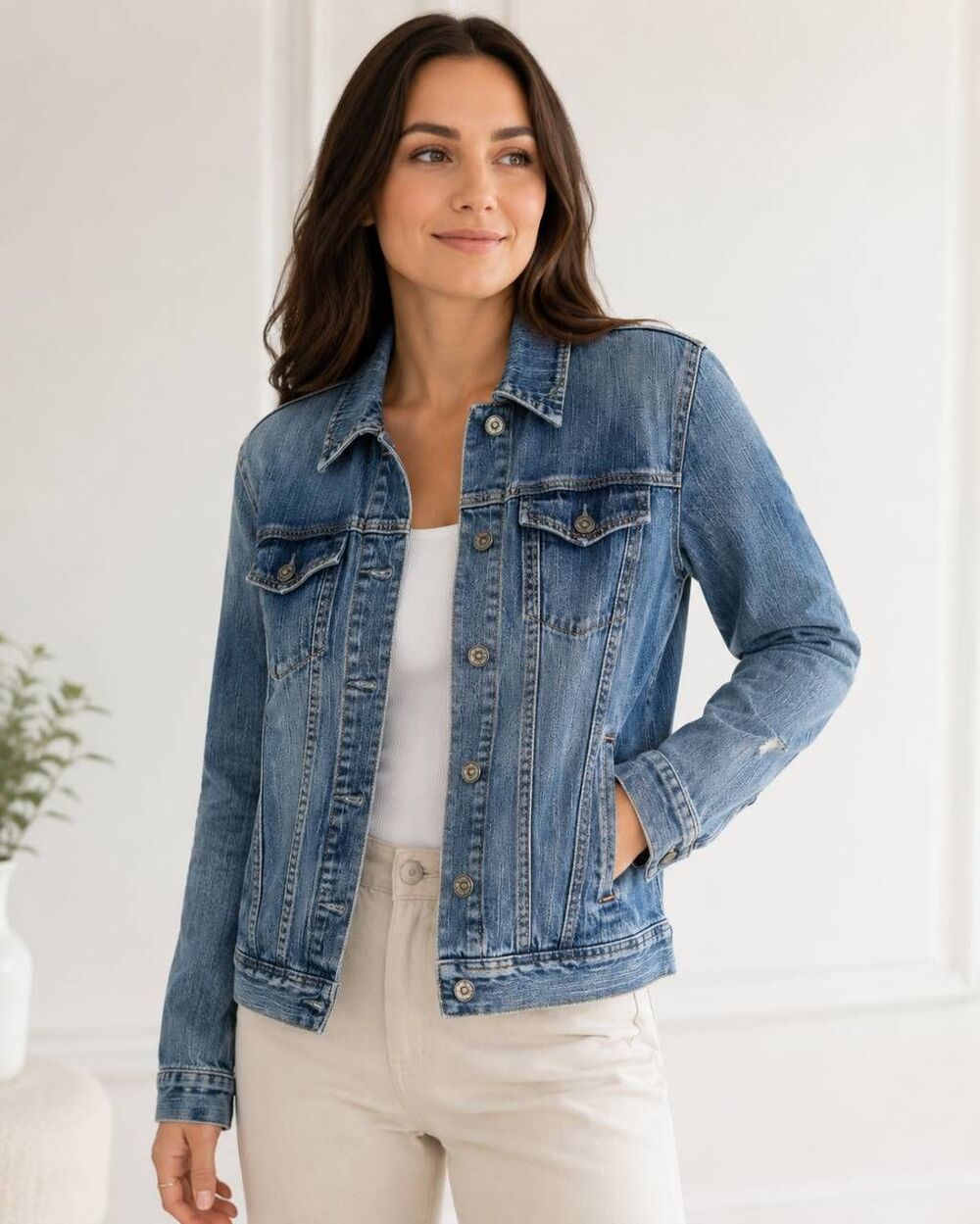 GAP Stretch Denim Jacket Women’s L Medium Wash Distressed Cotton Blend